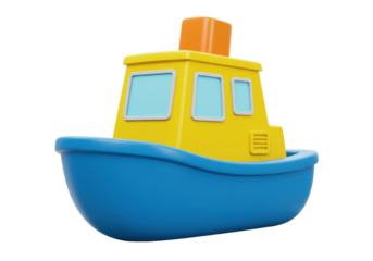 Isolated colorful toy boat with an orange smoke stack and blue hull on plain background