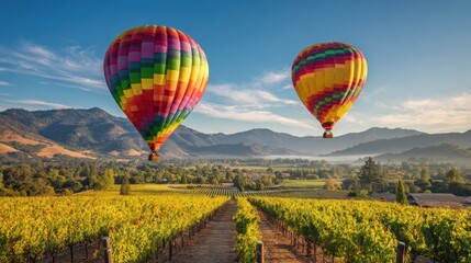 Fototapeta premium Two vibrant hot air balloons rise above a lush vineyard during early morning showcasing rolling hills and a peaceful landscape bathed in warm light.