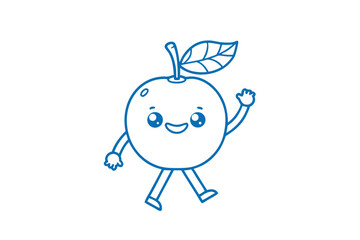 Blue outlined apple character strides happily, its tiny hand raised in a greeting