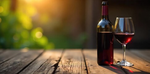 A half-empty bottle of red wine rests on a rustic wooden table, next to a wine glass, suggesting a leisurely evening , merlot, beverage