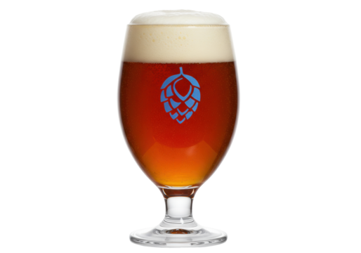 Isolated glass of craft beer with foam head and blue hop emblem ready to be served
