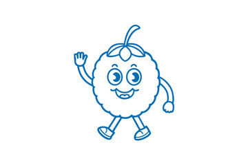 Blue berry cartoon character is smiling, walking, and waving its hand happily