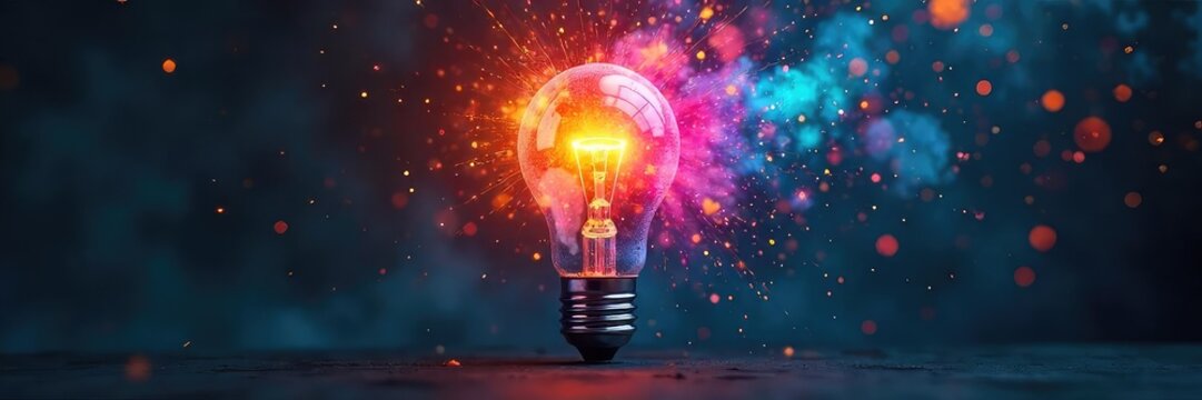 A lightbulb explodes with vibrant colors, radiating brilliant ideas and innovative solutions Perfect for concepts of creativity, innovation, and brainstorming sessions , thinking, innovation, future