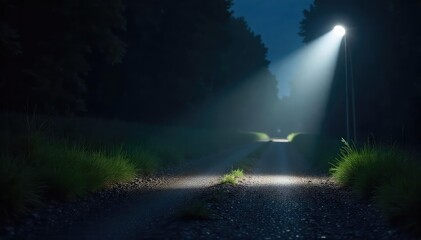 A lone flashlight beam cuts through the darkness, illuminating a textured path ahead The powerful light reveals details hidden in shadow, creating a dramatic contrast , trail, uneven