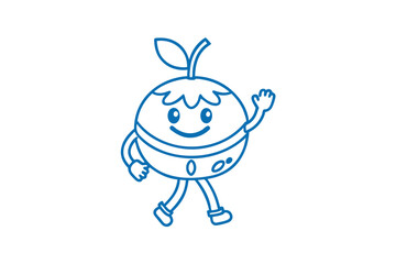 Cheerful blue outline apple character waves happily as it walks forward on a white backdrop