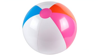 A colorful inflatable ball with segmented panels of blue, orange, pink and white, centered