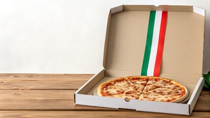 Open Pizza Box With A Margherita Pizza Inside On Wooden Table Against White Wall Background