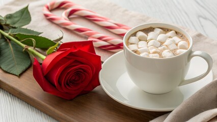 Red Rose And Hot Chocolate With Marshmallows And Candy Canes On Wooden Board