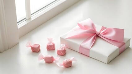 White Gift Box With Pink Ribbon And Pink Candies On A White Surface Near Window