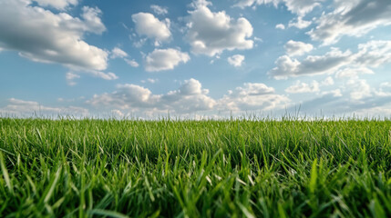 Obraz premium Lush green grass bright sky filled with fluffy clouds evokes sense of freedom and tranquility