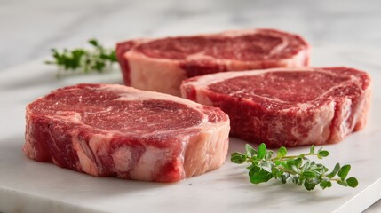 Fototapeta premium Three ribeye steaks are arranged on a marble surface. They feature rich marbling and are accompanied by fresh herbs indicating preparation for a delicious meal.