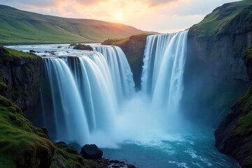 Obraz premium A mesmerizing cascading waterfall seemingly flows across a landscape, defying gravity with its ethereal movement The water creates a mystical, dreamlike scene in nature , scenic, hills
