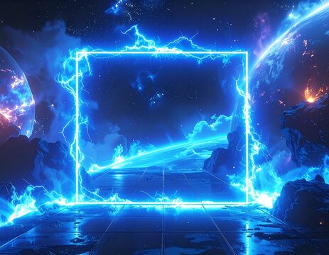 Neon blue square portal in space, with planets and clouds around