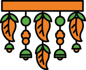 Decorative hanging with leaves, bells, and circles in orange and green.