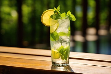 Cold Iced Mojito, Lemon Water Drink, Mint Lemonade, Lemon Cocktail on Wood Rustic Background Closeup