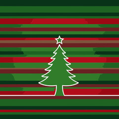 Green Christmas tree silhouette on a red and green striped background. Simple design with a festive theme.