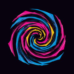 Abstract swirling pattern of vibrant colors in a circular design. Dynamic, geometric spiral with bold pink, yellow, and blue segments against a black background.