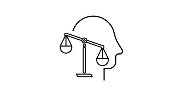 Animated black line icon of human mind balancing ethical decisions. Moral judgment, right vs wrong, conscience and law concept. Loop line animation. Useful for psychology, ethics, justice visuals.