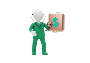 Isolated medical doll with stethoscope examining currency briefcase, financial health concept
