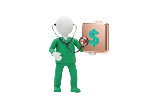 Isolated medical doll with stethoscope examining currency briefcase, financial health concept