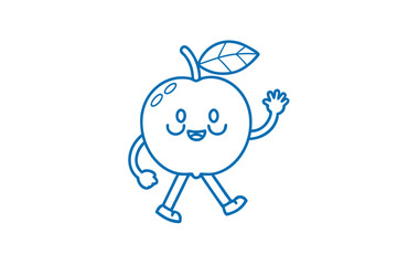 Blue outlined cartoon apple is walking and waving its hand friendly
