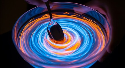 Vibrant Swirling Colors in a Glass Bowl with a Spoon.