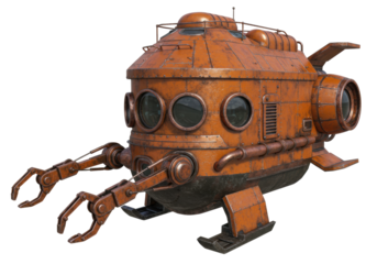 Isolated rusty orange submarine exploration vehicle, science fiction underwater fantasy concept
