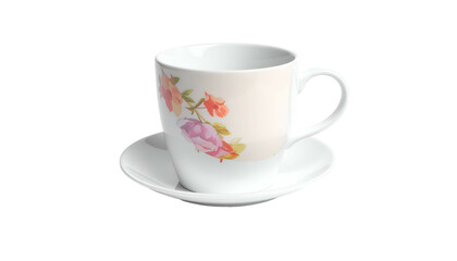 White cup with floral design sitting on a matching white saucer