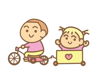 A boyfriend rides a bicycle pulling a cart for his girlfriend.