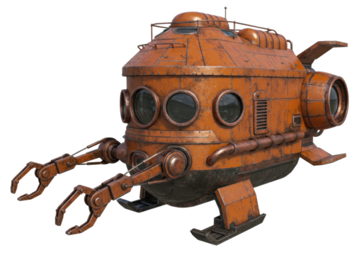 Isolated rusty orange submarine exploration vehicle, science fiction underwater fantasy concept