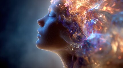 Obraz premium A woman is captured in a tranquil pose her hair transformed into vibrant waves of light and color. The scene evokes a feeling of calmness and creativity set against a dark background.