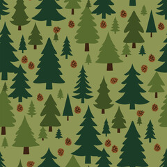 Merry Christmas Tree Pattern Vector. Seamless Pine Tree Pattern with Pine Cones. Elegant Christmas seamless pattern Print Background.