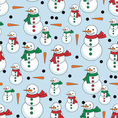 Christmas Winter Character Pattern Vector. Seamless Christmas Snowmen Pattern with Scarves. Merry Christmas Charming Snowmen seamless pattern Background.