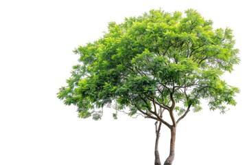 Fototapeta premium Tree stands, green leaves flourish, isolated on white, for graphic design use