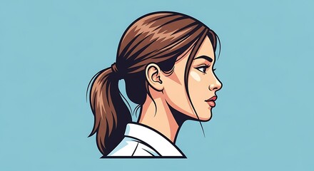 Profile of a young woman with brown hair in a ponytail wearing a white shirt against a blue background.
