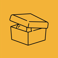 A simple line drawing of an open box with items inside on a yellow background.