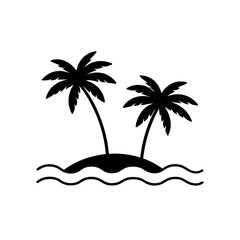 Silhouette of two palm trees on a small island at sea on transparent background