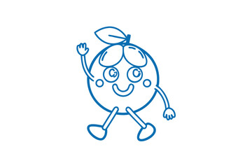 Cheerful fruit cartoon character with leaf waving hand walks happily toward the viewer