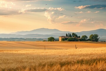 Tuscany Farmhouse Amidst Golden Wheat Field with Distant Hills at Sunset. Lifestyle