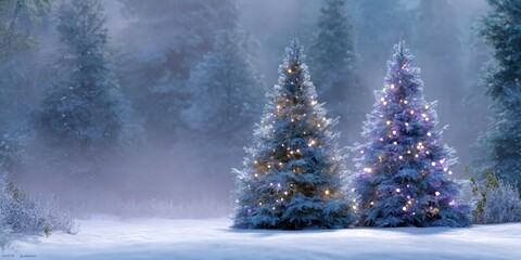 Beautiful Winter Christmas Trees in Snowy Forest