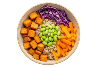 Isolated grain bowl with fried tofu, edamame, carrots, purple cabbage for meal prep