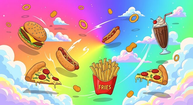 Whimsical Fast Food Feast Floating in a Dreamy Rainbow Sky. - Powered by Adobe