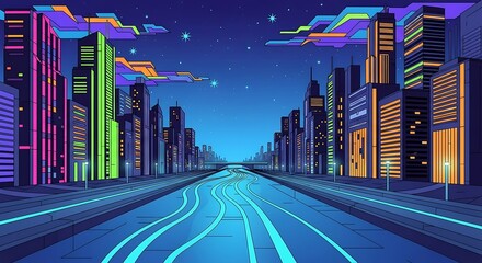 Futuristic Neon Cityscape with Glowing Light Trails at Night.