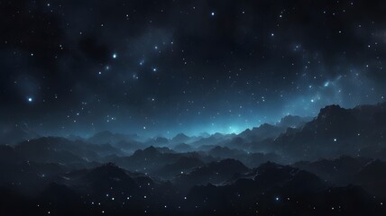 A vast and mysterious night sky filled with stars and a soft blue cosmic glow rising above a dark, misty landscape