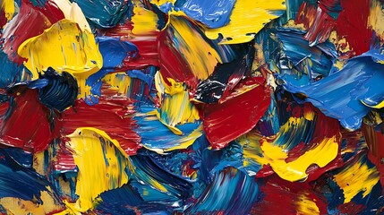 Artist creates vibrant abstract painting with thick impasto brushstrokes in red blue and yellow for textured energetic bold expressive visually striking artistic concept