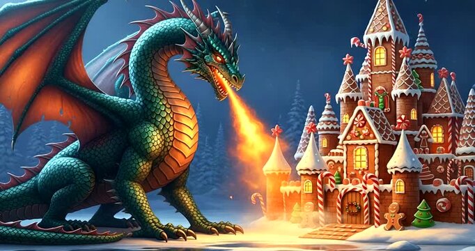 Green dragon breathing fire on a gingerbread castle in a snowy forest