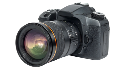 Black DSLR camera with large lens, studio shot