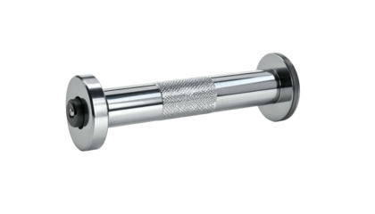 Shiny metal dumbbell, textured grip, black ends, simple design