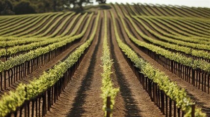 Evenly spaced vineyard rows captured from a high angle with warm natural lighting. The linear rhythm highlights precision agriculture and seasonal growth.