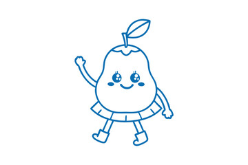 Cartoon pear character with big eyes and a skirt waves hello cheerfully